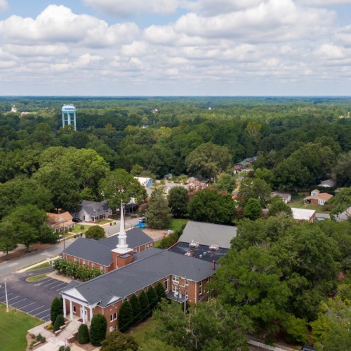a landscape with trees and buildings